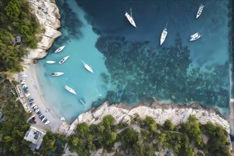 Aerial view of an idyllic harbor landscape with sailboats and yachts, AI generated