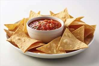 Tortilla chips with red dip on plate. KI generiert, generiert, AI generated