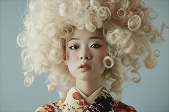 Asian woman with large blond curly hair in front of studio background. KI generiert, generiert, AI