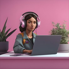 3d render of female character engaged with a laptop wearing headphones, AI generated