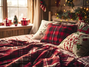 Cozy winter bedroom with flannel sheets, holiday throw pillows, with a warm glow filling the room,