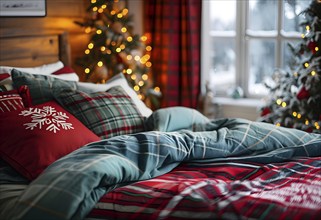 Cozy winter bedroom with flannel sheets, holiday throw pillows, with a warm glow filling the room,