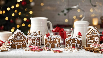 Kitchen counter filled with Christmas cookies, gingerbread houses, and mugs of hot chocolate, with