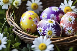 Vibrant-colored Easter eggs in a wicker basket, surrounded by delicate spring flowers, AI generated