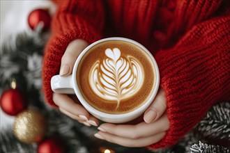 Woman hands holding coffee with latte art with blurry seasonal chiristmas decoration in background.