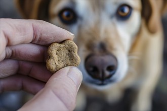 Close up of human hand holding small dog treat in hand with dog in blurry background. Generative