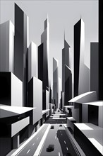 Modern city skyline using clean lines and geometric forms, with rectangular buildings and smooth,