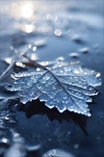 Delicate leaf resting on the surface of a frozen puddle, with intricate ice crystals forming