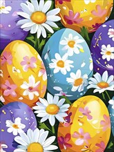 Abstract illustration of of vibrant-colored Easter eggs, surrounded by delicate spring flowers, AI