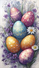 Abstract illustration of of vibrant-colored Easter eggs, surrounded by delicate spring flowers, AI