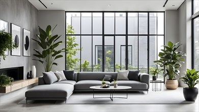 Render of a minimalist living room with clean lines and neutral tones, featuring a modern grey