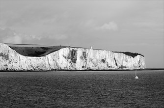 White Cliffs of Dover, detail with lighthouse seen from the car ferry, Dover, England, Great