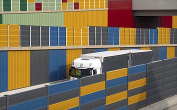 Colourful noise barriers on the A52 motorway, at the Essen-Rüttenscheid junction, the noise