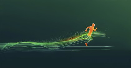 Illustration of a wave of vibrant data points shaping into a runner silhouette, conveying speed and