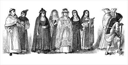 Religious costumes in 1880, from left: Augustinian, Fathers of Death, Beguine, Ursuline,