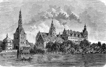 Frederiksborg Castle, a moated castle in Hillerod on the island of Zealand, Denmark, in 1870,