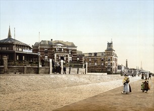 Hotels, lighthouse and memorial post, 1830, Scheveningen, Holland, c. 1895, Historic, digitally