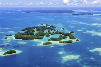 Aerial view of 70 Seventy Islands Rock Islands in island paradise island state Palau in the Pacific