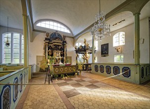 Prerow Seamen's Church with altar and baptistery, oldest church on the Darß, interior view, Prerow,