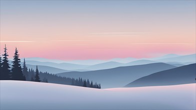 Illustration of a cold winter sunrise, represented by a minimalist gradient of soft pastel pinks