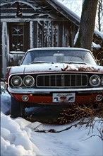 Classic 1960s muscle car, half-buried in snow in a forgotten backyard creating a sense of nostalgia