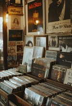 Vintage record store with dusty vinyl albums in wooden crates, old band posters on the walls, and