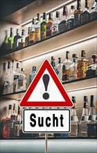 Symbolic image, warning sign for alcohol addiction, danger of addiction, alcohol abuse, health