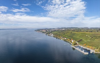 Aerial view of the marina and jetty at the historic Rebgut Haltnau with catering business, outdoor