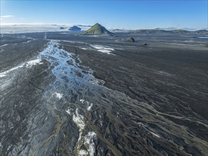 Aerial view, Mælifell mountain covered with moss, Maelifell, black sand desert Mælifellssandur,