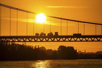 Traffic on the Rhine bridge Emmerich, federal road B220, evening light, with 803 m the longest