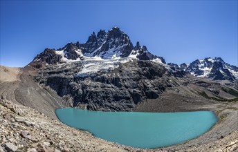 Panorama of mountain Cerro Castillo, view over lagoon, glacier and peak Cerro Castillo, nature