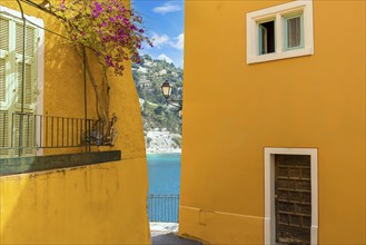 France, French Riviera, Villefranche old city streets in historic city center near sea promenade,