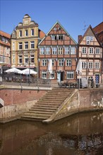 Stairway to the river Schwinge as well as half-timbered houses and gabled houses in the old