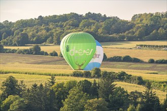 Two hot air balloons in green and blue hovering over a wide field with trees in the background,