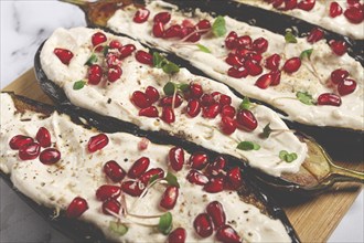 Fried eggplant with sauce, decorated with microgreens and pomegranate seeds, eggplant appetizer,