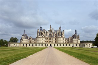 Large historic castle with many towers and decorations, situated along a long path, surrounded by