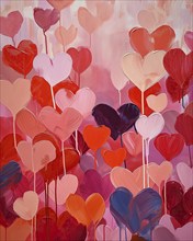 A vibrant abstract painting featuring various shades of red and pink hearts against a soft textured