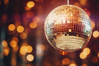 A disco ball is suspended from the ceiling at party in nightclub, reflecting the lights and