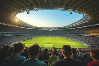 A soccer field with a large crowd of people spectators fans watching the game view. The stadium is