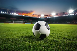 A soccer ball on a green field in soccer football stadium in evening with floodlights lights, AI