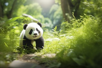 Cute panda cub in a lush bamboo grove, The image showcases the beauty and serenity of nature and