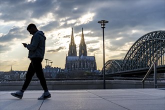 Panorama, Skyline of Cologne, with the cathedral and the railway bridge, Hohenzollern Bridge, on