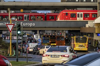 Central station in the city centre of Essen, dense traffic, local train, bus station, local buses,