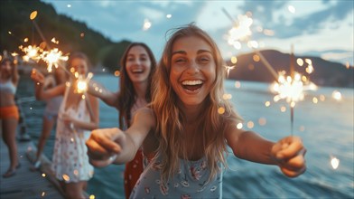 Young adults having fun with sparklers at the lake. generative AI, AI generated