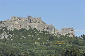 Castle ruins with rocks from the mountain village of Les Baux-de-Provence Alpilles, Alpilles,