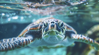 A turtle is swimming underwater in the ocean. The water is clear and turquoise, AI generated