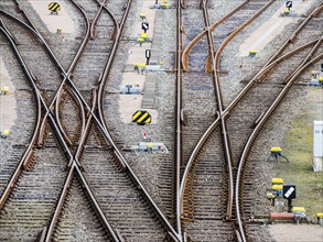 Railway switches, multiple directions, Hamburg harbor, Germany, Europe