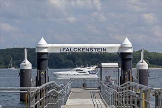 Falckenstein ferry pier, boat, Kiel Fjord, Kiel, Schleswig-Holstein, Germany, Europe