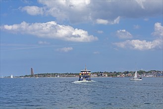 Fjord ferry, sailing boats, naval memorial, Laboe, Kiel Week, Kiel Fjord, Kiel, Schleswig-Holstein,