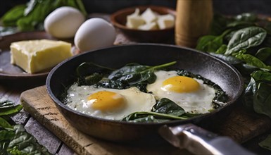 A pan of sunny side up eggs and spinach is on a wooden table with cheese, oil and eggs in the